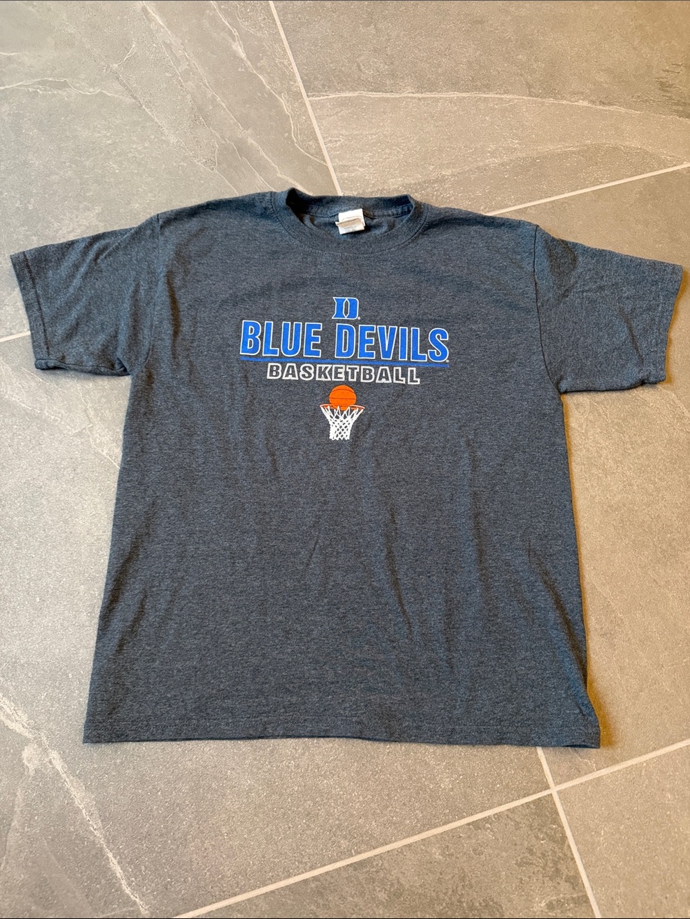 Duke Dark Gray 'Blue Devils Basketball' Tee with Blue & Orange Graphic